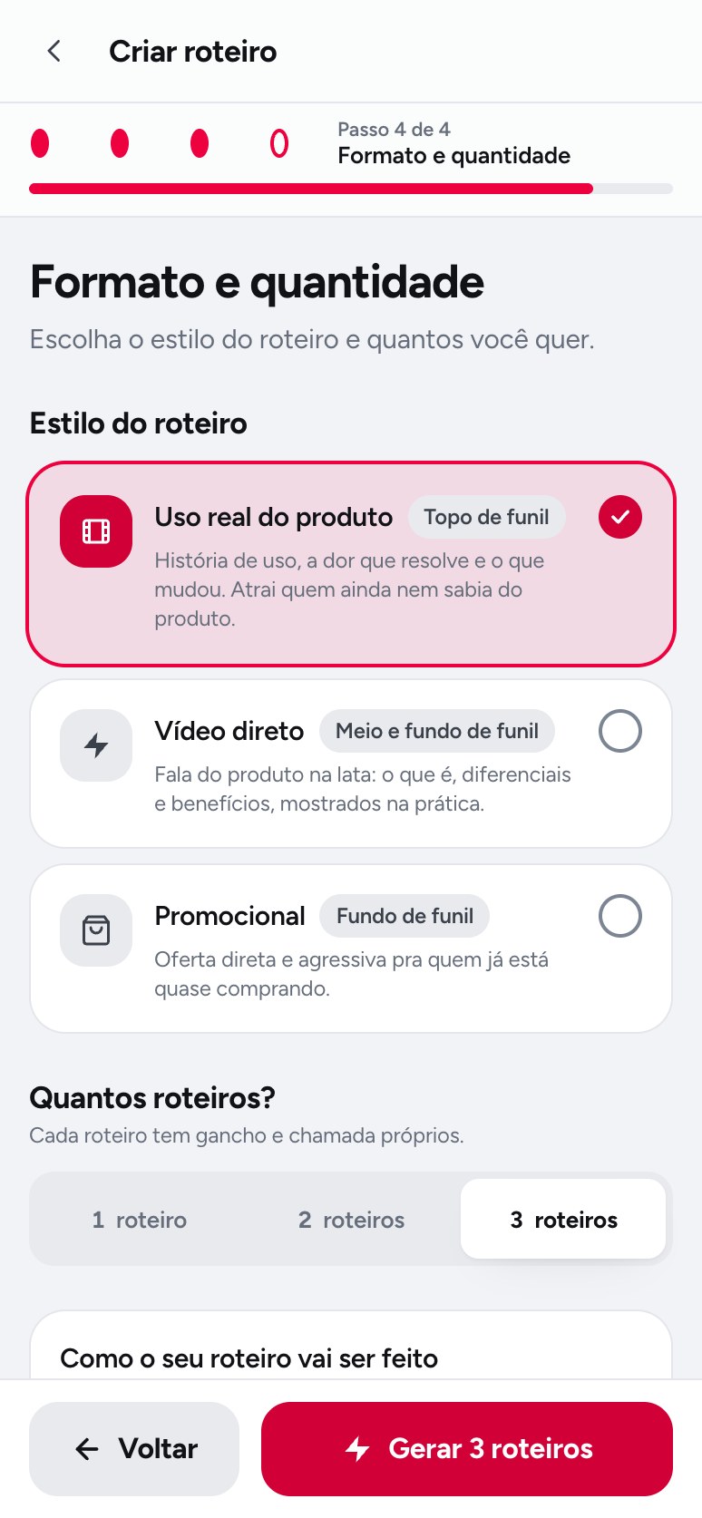 Tela do app: Escolha o modelo e gere o roteiro em 4 passos