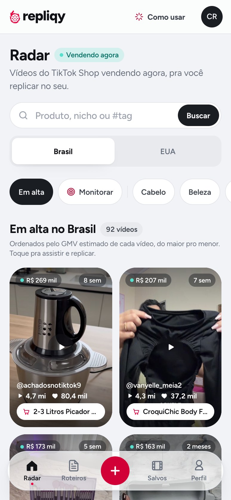Tela do app: O Radar mostra o que está vendendo